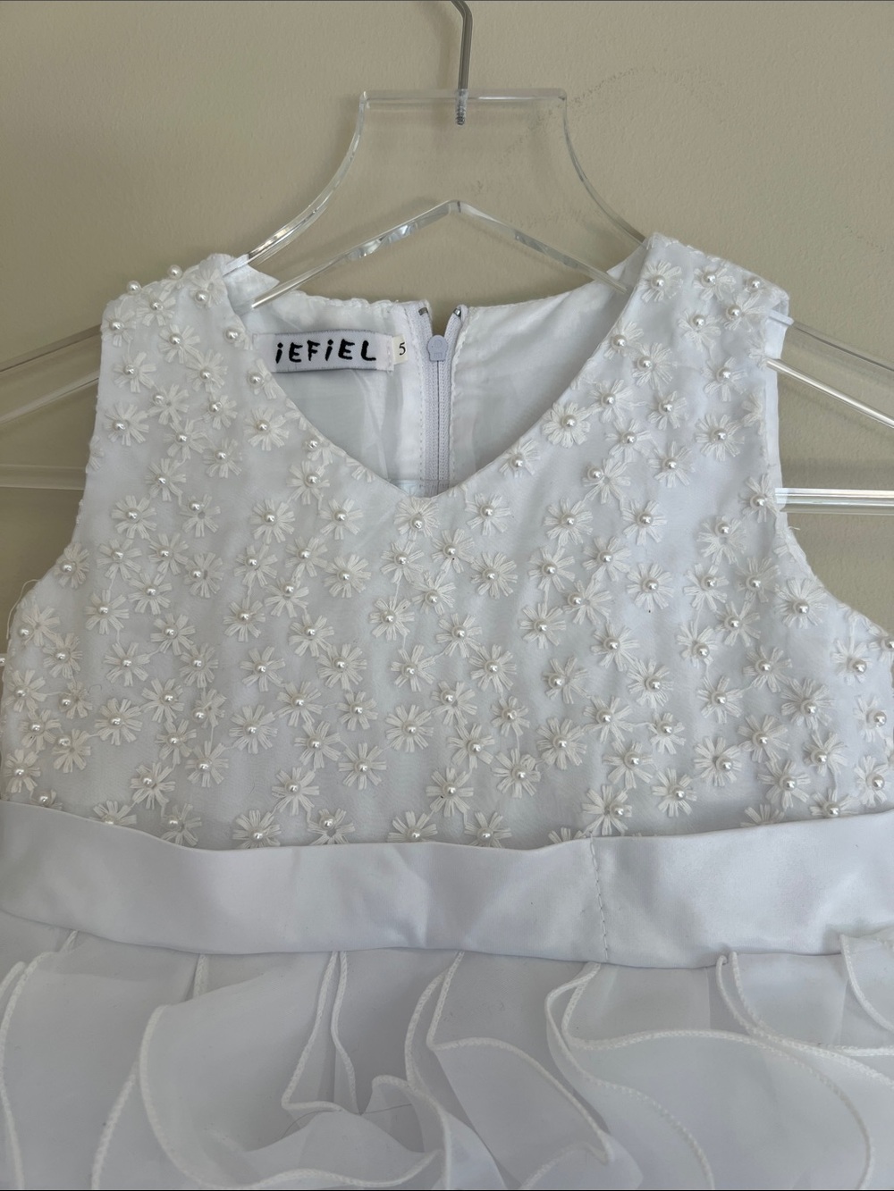 White Ruffled with Pearls Flower Girl Dress 5T - Picture 5 of 5
